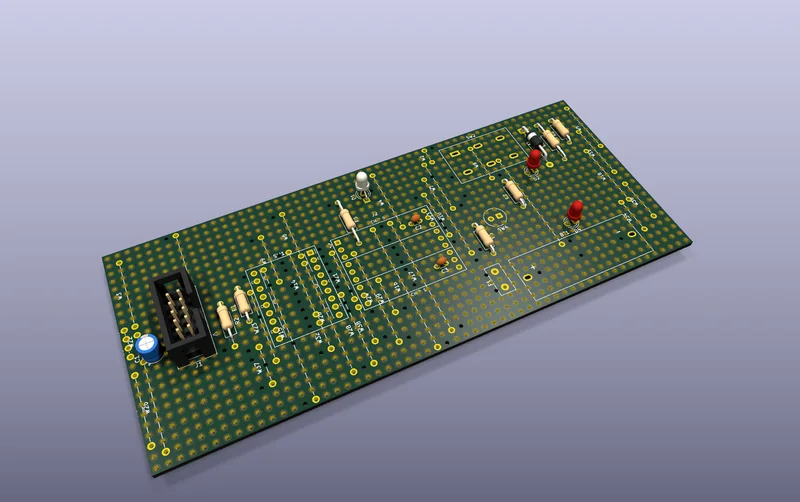 The built board in KiCad's 3D viewer: the parts on a stripboard with the wire links