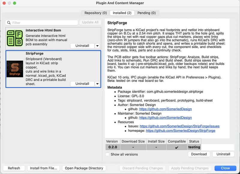 The Installed tab of the Plugin and Content Manager showing StripForge 0.2.0 with its description