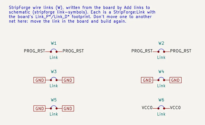 Wire link symbols W1 to W6 in the schematic, each with net labels on both pins