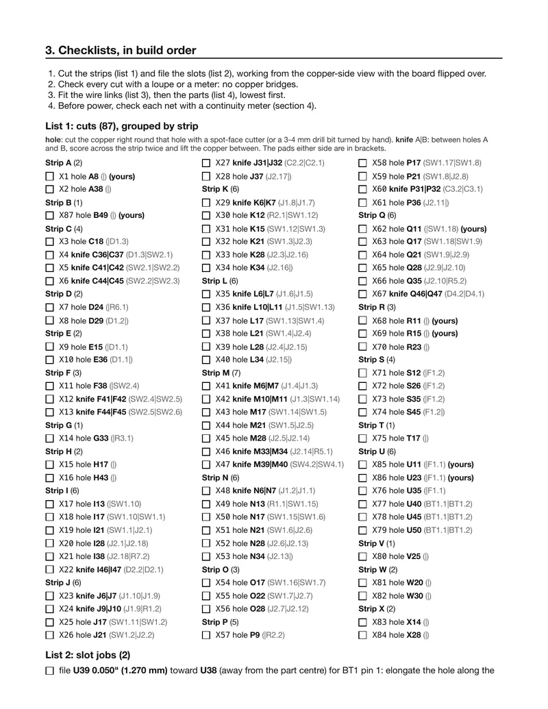 Build sheet checklists: every cut, strip by strip, with a tick box for each
