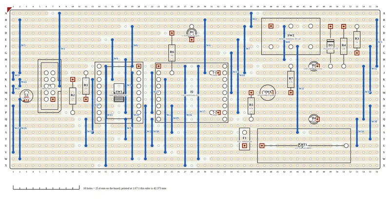 Build sheet: the component side with part outlines and wire links over the strips