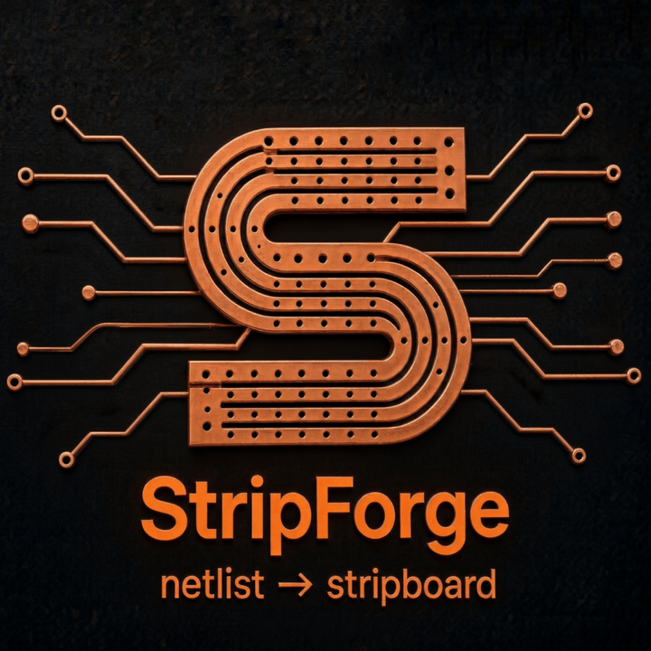 The StripForge icon: a copper S made of stripboard strips, with the words StripForge, netlist to stripboard
